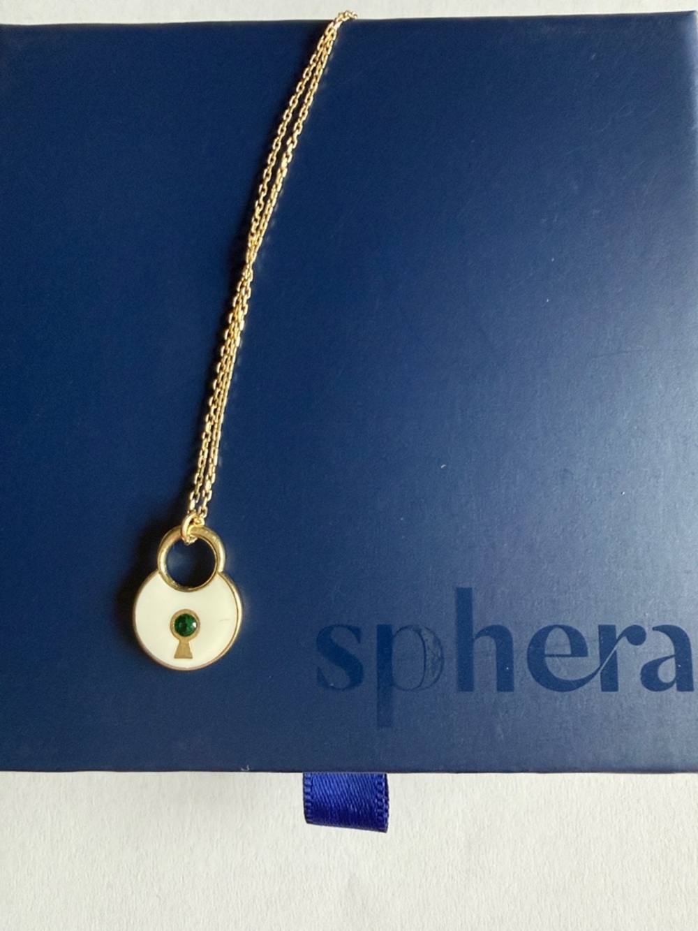 Gold-Tone White Enamel Pendant Necklace with Green Accent